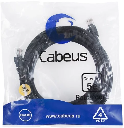 Cabeus PC-UTP-RJ45-Cat.5e-5m-BK-LSZH Патч-корд U/ UTP, категория 5е, 2xRJ45/ 8p8c, неэкранированный, черный, LSZH, 5м