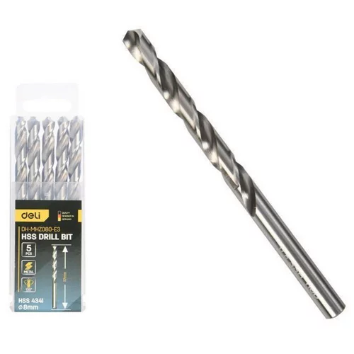 Набор сверл по металлу (8мм, 5 шт) Deli DH-MHZ080-E3 сталь HSS 4341, угол заточки 135 град, пласт. кейс