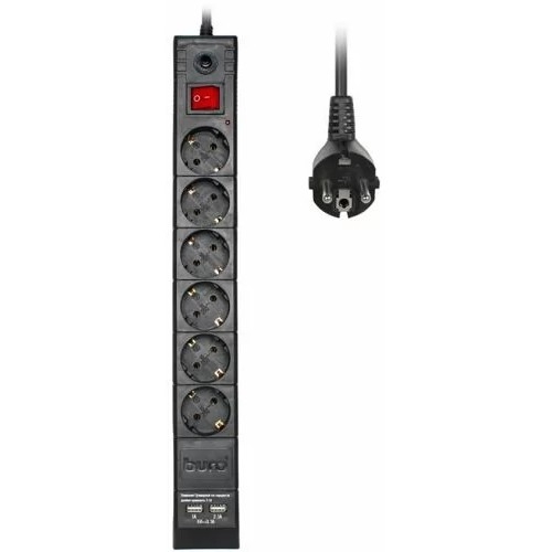 Сетевой фильтр Buro BU-SP1.8_USB_2A-B 1.8м (6 розеток) черный (коробка)