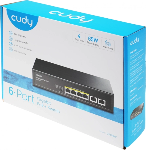 Коммутатор/ 6-Port 10/100/1000M PoE+ Switch, 4-Port 10/100/1000 BASE-T Gigabit PoE+ ports, 2-Port 10/100/1000 BASE-T Gigabit Uplink ports, 802.3at/af, VLAN mode support for port #1 ~ #4, Extend mode support for port #3 ~ #4, Fanless (GS1006P) фото 11