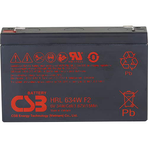 Батарея CSB серия HRL, HRL634W F2 FR, напряжение 6В, емкость 8.5Ач (разряд 20 часов), 34 Вт/Эл при 15-мин. разряде до U кон. - 1.67 В/Эл при 25 °С, макс. ток разряда (5 сек.) 130А, ток короткого замык