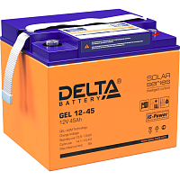 Батарея DELTA серия GEL, GEL 12-45, напряжение 12В, емкость 45Ач (разряд 20 часов), макс. ток разряда (5 сек.) 450А, макс. ток заряда 9А, свинцово-кислотная типа AGM+GEL, клеммы под болт М6, ДxШxВ 19