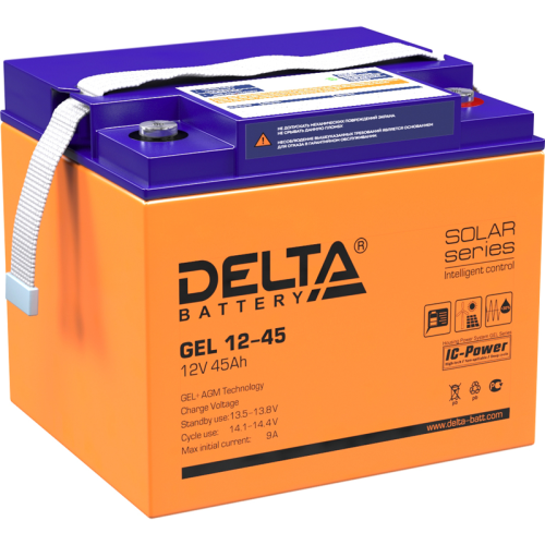 Батарея DELTA серия GEL, GEL 12-45, напряжение 12В, емкость 45Ач (разряд 20 часов), макс. ток разряда (5 сек.) 450А, макс. ток заряда 9А, свинцово-кислотная типа AGM+GEL, клеммы под болт М6, ДxШxВ 19