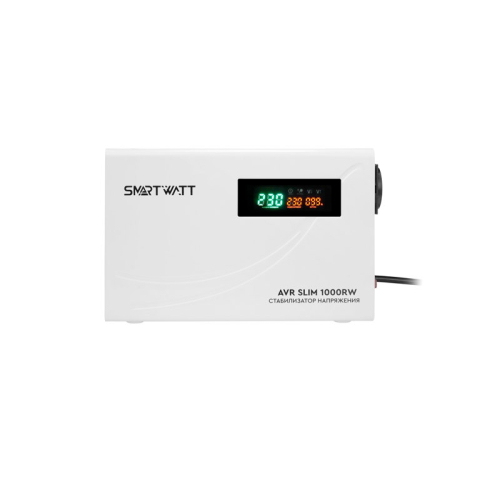 Стабилизатор SMARTWATT AVR SLIM 1000RW, белый, релейный, цифровые индикаторы уровней напряжения, 1000ВА, 100-260В, выходное напряжение 220В +/ -8%, функция ZeroCross, настенный, 260x170x90мм., 3кг., а