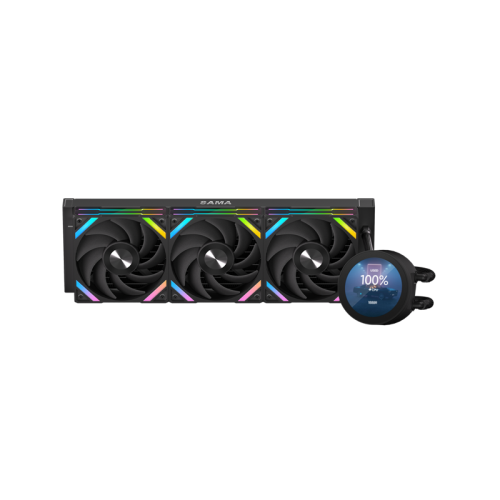 Водяное охлаждение для процессора/ Water Cooling System SAMA Q70 Black (360mm, LED temp., Black, ARGB/ Fans: 3x120mm, 86CFM, 30dBA, 2600RPM/ Pump height 64mm, 30dBA, 2800RPM, Rad thickness 27mm/ S: 18 (Q70-BKWAYNO3-G)