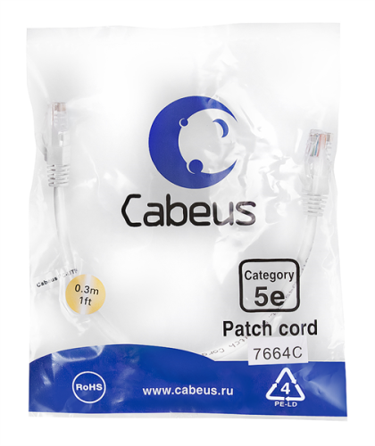 Патч-корд Патч-корд неэкранированный PC-UTP-RJ45-CAT.5E-0.3M-WH-LSZH L0,3м с разъемами RJ45 белый Cabeus 9487c
