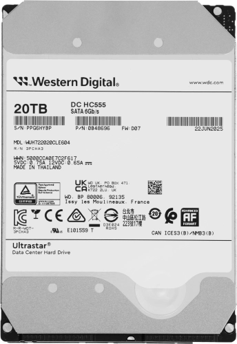 Жесткий диск WD SATA-III 20TB WUH722020CLE604 Ultrastar DC HC555 512E (7200rpm) 512Mb 3.5