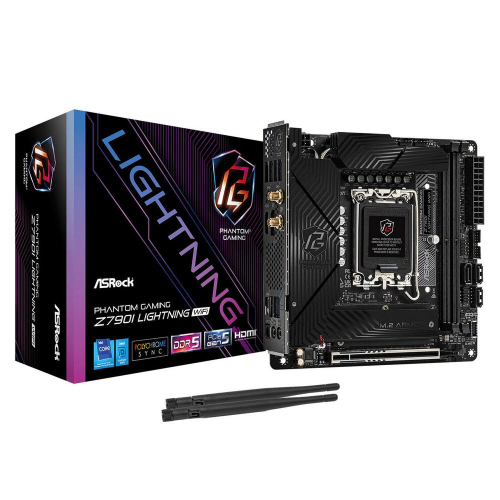 Материнская плата ASROCK Z790 PG RIPTIDE, LGA1700, Z790, 2*DDR5, 3*SATA, 2*M.2, 5*USB 3.2, Type-C, 1*PCIx16, 1xM.2 (Key E), HDMI+DP, mIATX (Z790I LIGHTNING WIFI)