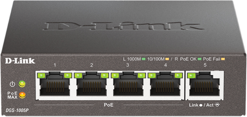 D-Link DGS-1005P/ B3A Неуправляемый коммутатор с 5 портами 10/ 100/ 1000Base-T (4 порта PoE 802.3af/ at, PoE-бюджет 60 Вт) (DGS-1005P/B3A)