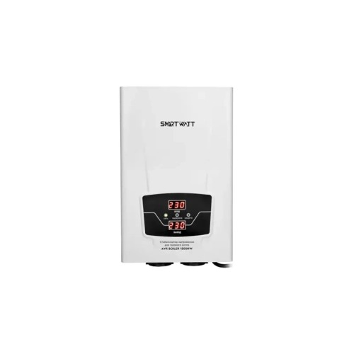 Стабилизатор SMARTWATT AVR BOILER 1500RW, белый, релейный, цифровые индикаторы уровней напряжения, 1500ВА, 140-260В, выходное напряжение 220В +/ -8%, функция ZeroCross, настенный, 200x320x72мм., 4.33к