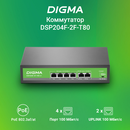 Коммутатор Digma DSP204F-2F-T80 DSP204F-2F-T80 V1 (L2) 6x100Мбит/ с 4PoE 4PoE+ 80W неуправляемый фото 3