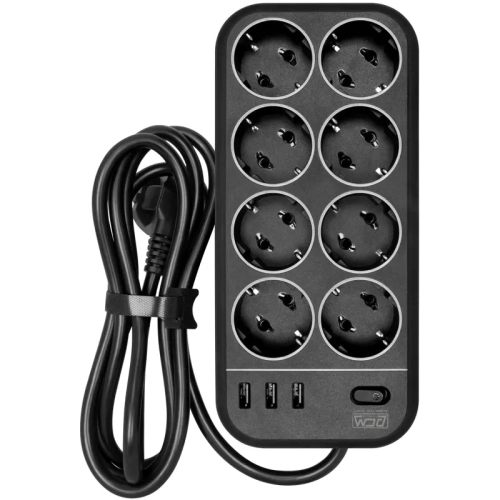 Фильтр-удлинитель PowerCom SP-08 USB03AB 3.0M, 8 розеток, черный, 16А, 4кВт, 175Дж, 3*USB, защитные шторки, защита от КЗ, перегрузки, ВЧ и импульсных помех, кабель 3x1 мм2, ШхГхВ 230х105х45 мм, вес 0.