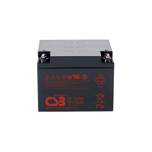 Батарея CSB серия GP, GP12260, напряжение 12В, емкость 26Ач (разряд 20 часов), макс. ток разряда (5 сек.) 350А, ток короткого замыкания 650А, макс. ток заряда 7.8A, свинцово-кислотная типа AGM, клеммы
