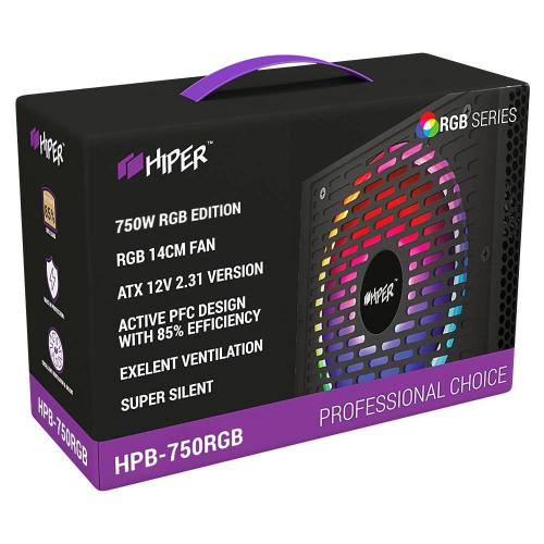 Блок питания для ПК 750 Ватт/ PSU HIPER HPB-750RGB (ATX 2.31, 750W, ActivePFC, RGB 140mm fan, Black) 85+, BOX фото 7