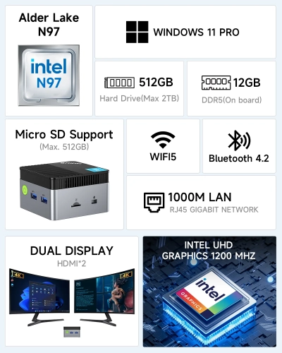 Мини ПК GMK Technology NucBox G5/N97/8+256GB (Intel N97) 8GB+256GB, Intel Graphics, Win11 Pro фото 3