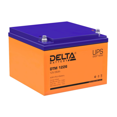 Батарея DELTA серия DTM, DTM 1226, напряжение 12В, емкость 26Ач (разряд 20 часов), макс. ток разряда (5 сек.) 300А, макс. ток заряда 7.8А, свинцово-кислотная типа AGM, клеммы под болт М5, ДxШxВ 166х1