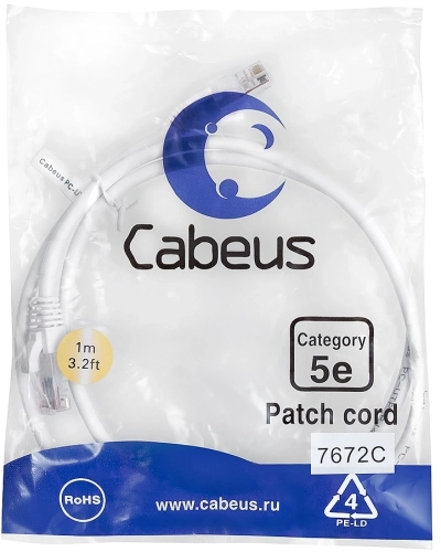 Cabeus PC-UTP-RJ45-Cat.5e-1m-WH-LSZH Патч-корд U/ UTP, категория 5е, 2xRJ45/ 8p8c, неэкранированный, белый, LSZH, 1м