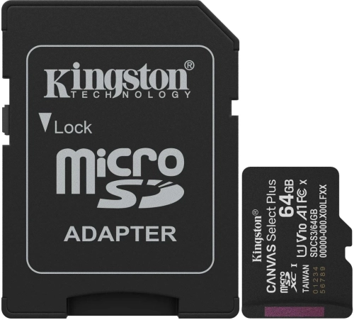 Micro SecureDigital 64GB Kingston Canvas Go Plus, UHS-I, U3, V30, A2, с адаптером (SDCS3/64GB)