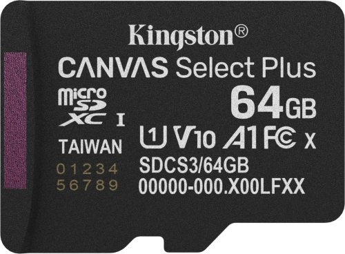 Micro SecureDigital 64GB Kingston Canvas Select Plus Gen3 100MB/ s A1, без адаптера (SDCS3/64GBSP)