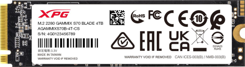 Твердотельный накопитель/ ADATA SSD GAMMIX S70 BLADE, 4096GB, M.2(22x80mm), NVMe, PCIe 4.0 x4, 3D TLC, R/W 7400/6600MB/s, IOPs 750 000/750 000, DRAM buffer 2048MB, TBW 2960, DWPD 0.4, with Heat Spreader (5 л? (AGAMMIXS70B-4T-CS)