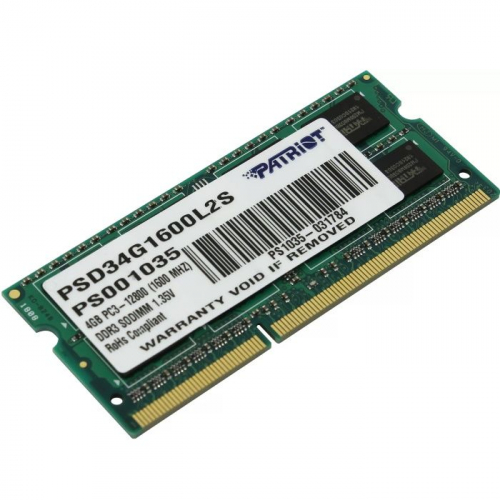 Модуль памяти Patriot 4GB DDR3 1600MHz PC12800 SODIMM CL11 1.35V RTL (PSD34G1600L2S)