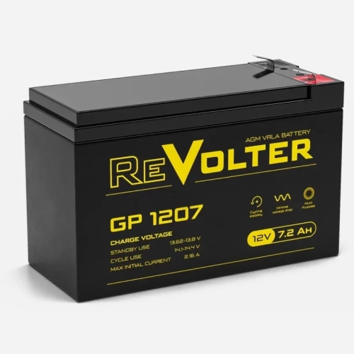 Батарея REVOLTER серия GP, REVOLTER GP 1207, напряжение 12В, емкость 8.2Ач (разряд 20 часов), макс. ток разряда (5 сек.) 120А, макс. ток заряда 2.16А, свинцово-кислотная типа AGM, клеммы F2, ДxШxВ 15