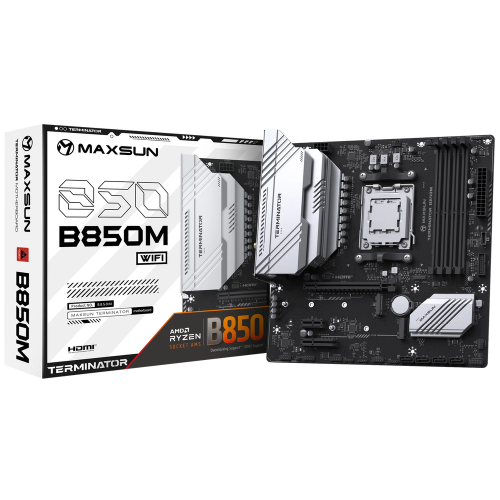 Материнская плата Maxsun MS-Terminator B850M WIFI B850, AM5, 4*DDR5, 1*PCIEx16, 1*PCIEx4, 1*PCIEx1, 2*M.2, 2*TypeC, 6*USB3.2Gen1, 6*USB2.0, 4*SATA3.0, 2.5G, DP, HDMI, M-ATX, RTL (6940709661741)
