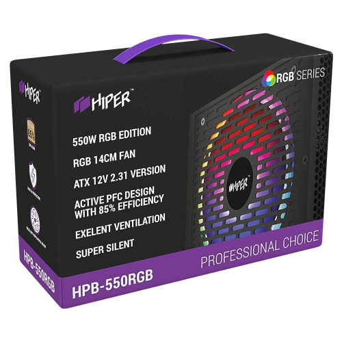 Блок питания HIPER HPB-550RGB (ATX 2.31, 550W, ActivePFC, RGB 140mm fan, Black) 85+, BOX фото 7