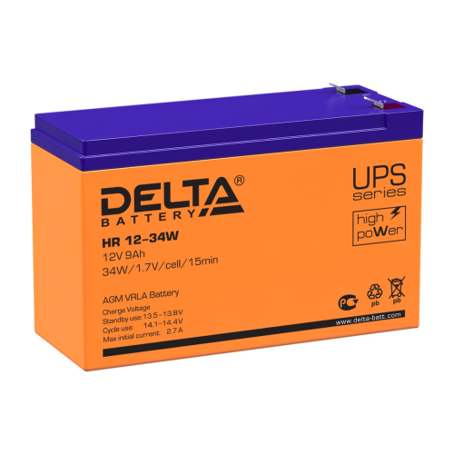 Батарея DELTA серия HR-W, HR 12-34 W, напряжение 12В, емкость 9Ач (разряд 20 часов), макс. ток разряда (5 сек.) 160А, макс. ток заряда 2.7А, свинцово-кислотная типа AGM, клеммы F2, ДxШxВ 151х65х94мм.