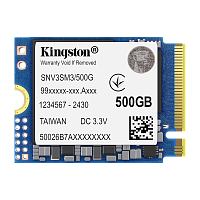 Твердотельный накопитель/ Kingston SSD NV3, 500GB, M.2(22x30mm), NVMe, PCIe 4.0 x4, 3D TLC, R/ W 5000/ 3000MB/ s, TBW 160, DWPD 0.2 (60 мес) (SNV3SM3/500G)