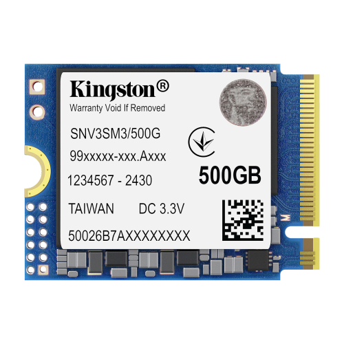 Твердотельный накопитель/ Kingston SSD NV3, 500GB, M.2(22x30mm), NVMe, PCIe 4.0 x4, 3D TLC, R/ W 5000/ 3000MB/ s, TBW 160, DWPD 0.2 (60 мес) (SNV3SM3/500G)
