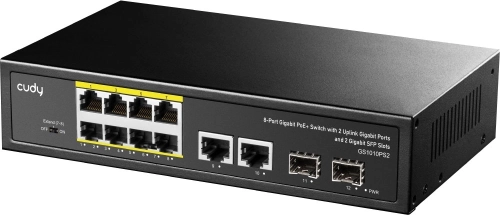 Коммутатор/ 8-10/100/1000 BASE-T Gigabit ports,2-Port 10/100/1000 BASE-T Gigabit Uplink ports, 2-1000 BASE-X SFP Slot, 8-port IEEE 802.3at PoE+ Injector, Supports PoE power up to 30W for each PoE port, Extend Mode (Port#7 and #8 s (GS1010PS2)