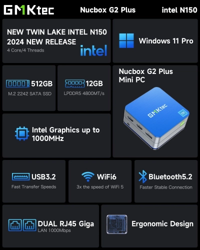 Мини ПК GMK Technology NucBox G2PLUS/N150/12+256GB (Intel N150) 16GB+512GB, Win11 Pro фото 13
