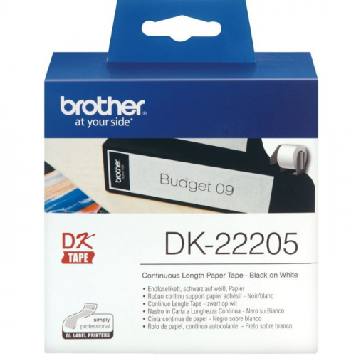 Лента Brother DK22205 неразрезанная бумажная лента для печати наклеек черным на белом фоне, 62 мм x 30.48 м