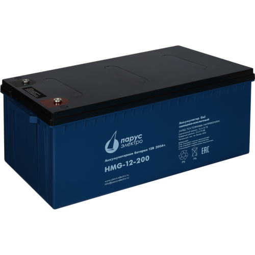 Battery Parus Electro, professional series HMG-12-200, voltage 12V, capacity 200Ah (discharge 10 hours), max. discharge current (5sec) 1000A, max. charge current 60A, lead-acid GEL type, M8 bolt terminals, LxWxH 522x238x218mm, total height with terminals