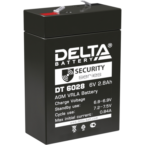 Батарея DELTA серия DT, DT 6028, напряжение 6В, емкость 2.8Ач (разряд 20 часов), макс. ток разряда (5 сек.) 48А, макс. ток заряда 0.84А, свинцово-кислотная типа AGM, клеммы F1, ДxШxВ 66х33х97мм., вес 0.61кг., срок службы 5 лет./ Battery DELTA series DT,