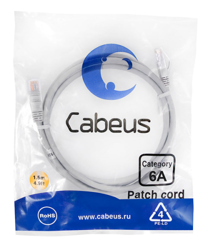 Cabeus PC-UTP-RJ45-Cat.6a-1.5m-LSZH Патч-корд U/ UTP, категория 6а (10G), 2xRJ45/ 8p8c, неэкранированный, серый, LSZH, 1.5м
