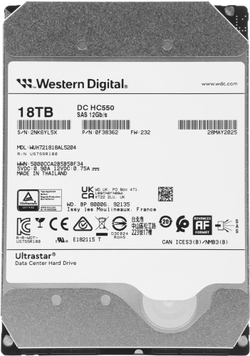 Жесткий диск WD SAS 3.0 18TB 0F38362 WUH721818AL5204 Server Ultrastar DC HC550 512E (7200rpm) 512Mb 3.5