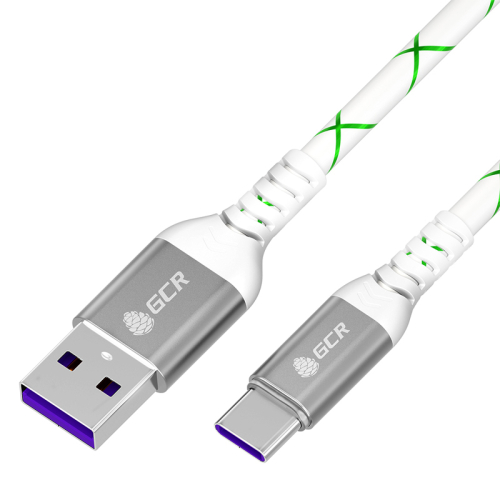 GCR Кабель 1.0m, TypeC, быстрая зарядка 18W, поддержка QC, PD, бело-зеленый, AL case серебро, 28/ 24 AWG, GCR-55288