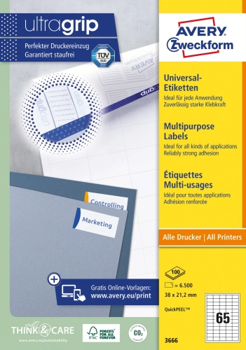 Этикетки Avery Zweckform 3666 A4 97x21.2мм 65шт на листе/70г/м2/100л./белый матовое самоклей. универсальная (3666#MLN)