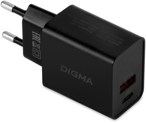 Сетевое зар./ устр. Digma DGW2D 20W 3A+1A (PD+QC) USB-C/ USB-A универсальное черный (DGW2D0F110BK)