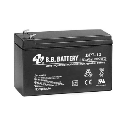 Батарея B.B. Battery серия BP, BP7-12, напряжение 12В, емкость 7Ач (разряд 20 часов), макс. ток разряда (5 сек.) 105А, макс. ток заряда 2.1A, свинцово-кислотная типа AGM, клеммы T2, ДxШxВ 151x65x98мм., вес 2.54кг., срок службы 10 лет/ B.B. Battery series