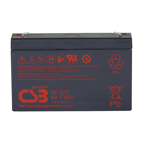 Батарея CSB серия GP, GP672, напряжение 6В, емкость 7.2Ач (разряд 20 часов), макс. ток разряда (5 сек.) 100/130А, ток короткого замыкания 259А, макс. ток заряда 2.16A, свинцово-кислотная типа AGM, кле