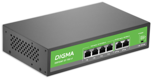 Коммутатор Digma DSP204F-2F-T80 DSP204F-2F-T80 V1 (L2) 6x100Мбит/ с 4PoE 4PoE+ 80W неуправляемый фото 2