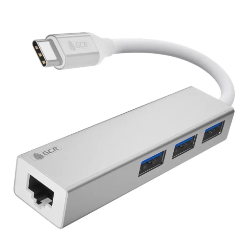 USB HUB TypeC 4в1 разветвитель на 3 порта USB 3.0 + сетевой адаптер Gigabit Ethernet RJ-45, серебристый, алюминиевый корпус, GCR-54603