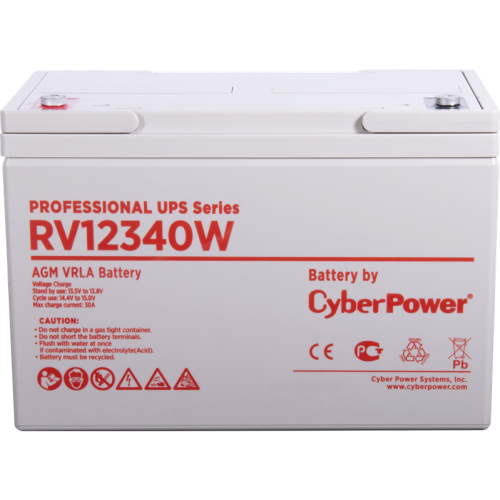 Battery CyberPower Professional UPS series RV 12340W, voltage 12V, capacity (discharge 20 h) 96.4Ah, capacity (discharge 10 h) 92.7Ah, max. discharge current (5 sec) 1180A, max. charge current 30A, lead-acid type AGM, terminals under bolt M6, LxWxH 305x16