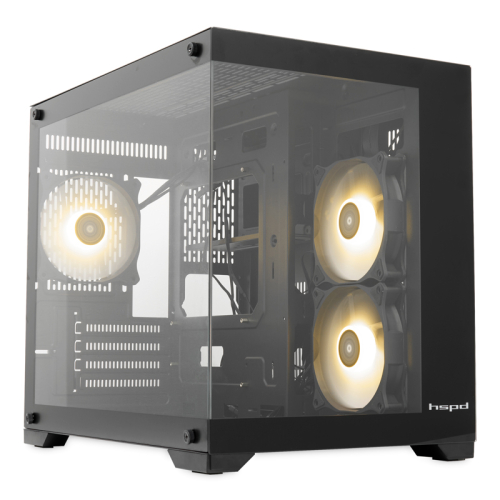 Корпус без блока питания/ HSPD F330, Panoramic Mini-tower, Black, TG, 0.5 SPCC, 3x120mm ARGB mATX, mITX 160/400/200mm 1x2.5