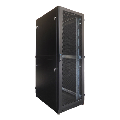 Шкаф серверный напольный 42U (800 1200) дверь перфорированная, задние двойные перфорированные, цвет черный (ШТК-М-42.8.12-48АА-9005)