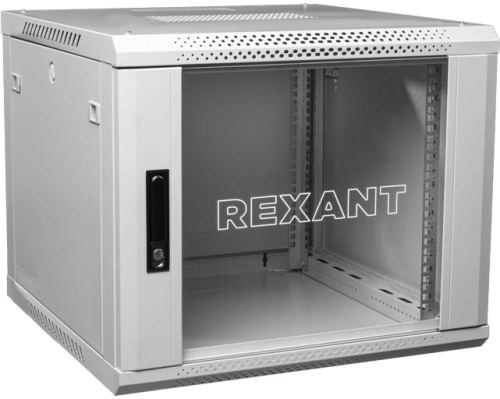 Rexant (04-0966-111) Настенный шкаф 19 9U 600х600х501 (ШхГхВ), дверь стекло, металлическая задняя стенка, боковые съемные стенки, RAL 7035