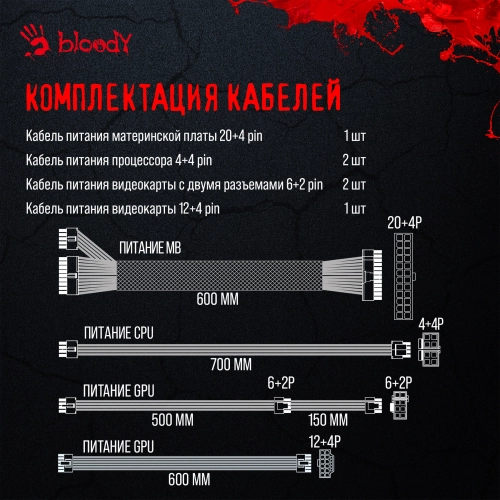 Блок питания Bloody ATX 750W BD-PS750G 80+ gold (20+4pin) APFC 120mm fan 6xSATA Cab Manag RTL (BD-PS750G-MW) фото 18